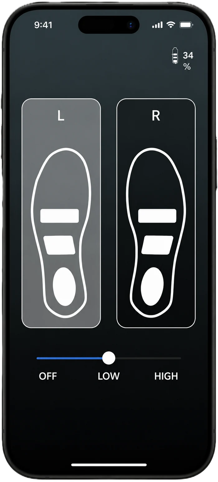 The NeuraSole phone app, showing the stimulation controls