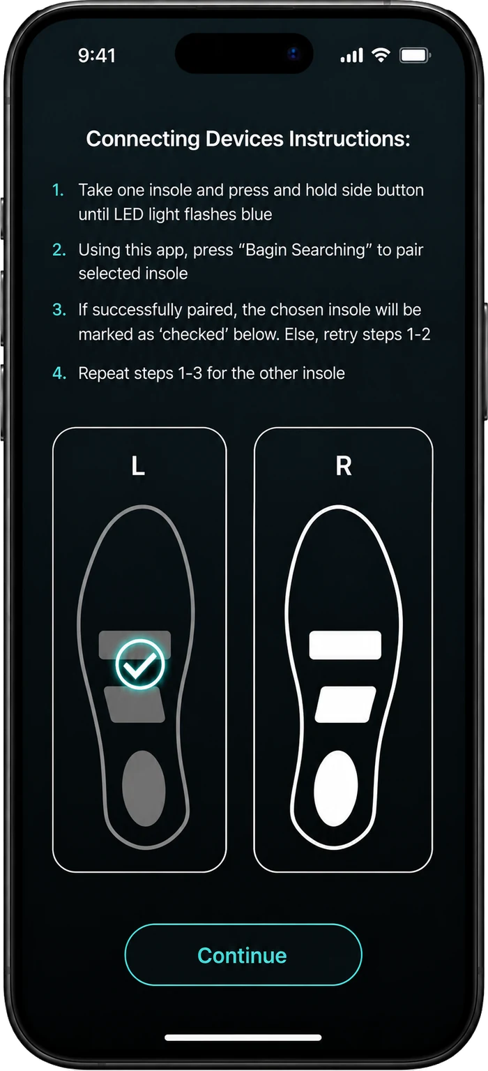 The NeuraSole app pairing screen, with instructions for connecting each insole and a checkmark on the paired left insole