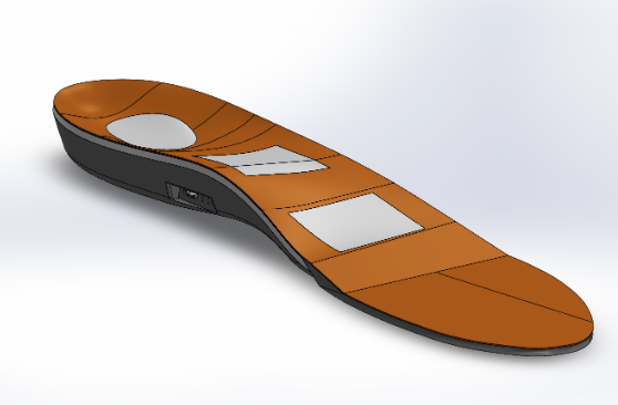 Isometric render of the assembled NeuraSole insole, showing the conductive fabric patches and the side-mounted power button