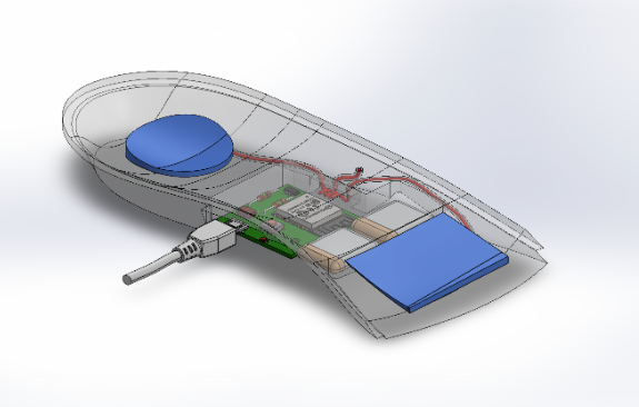 Ghosted render of the insole interior showing the circuit board, wiring harness, two batteries and the charging port