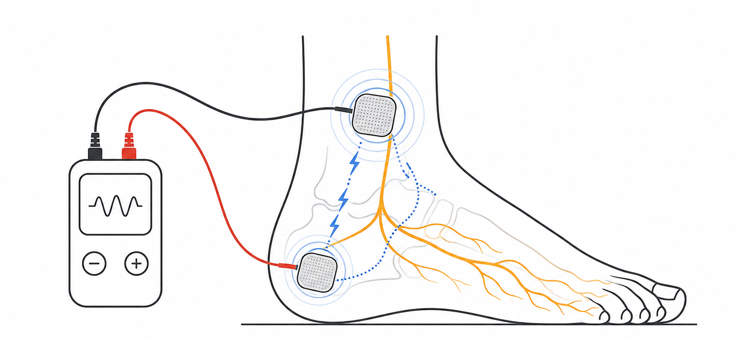 Diagram of a conventional TENS setup: a handheld unit with two wires running to adhesive electrode pads on the ankle and heel, with the foot's nerve pathways illustrated