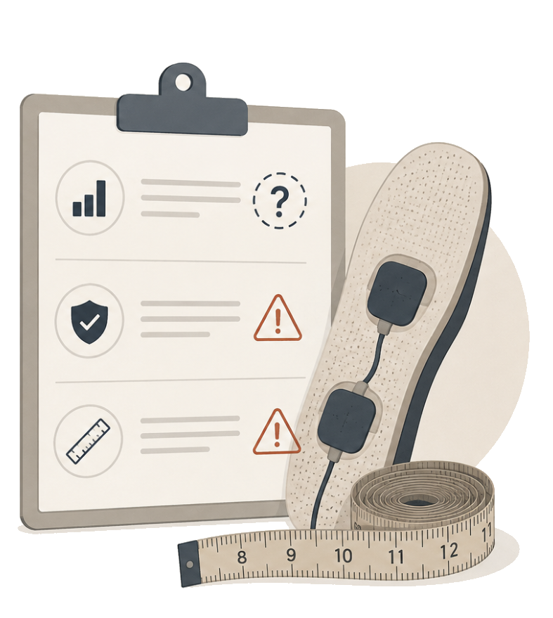 Illustration of a clipboard checklist with a question mark and warning symbols beside an insole with stimulation pads and a measuring tape